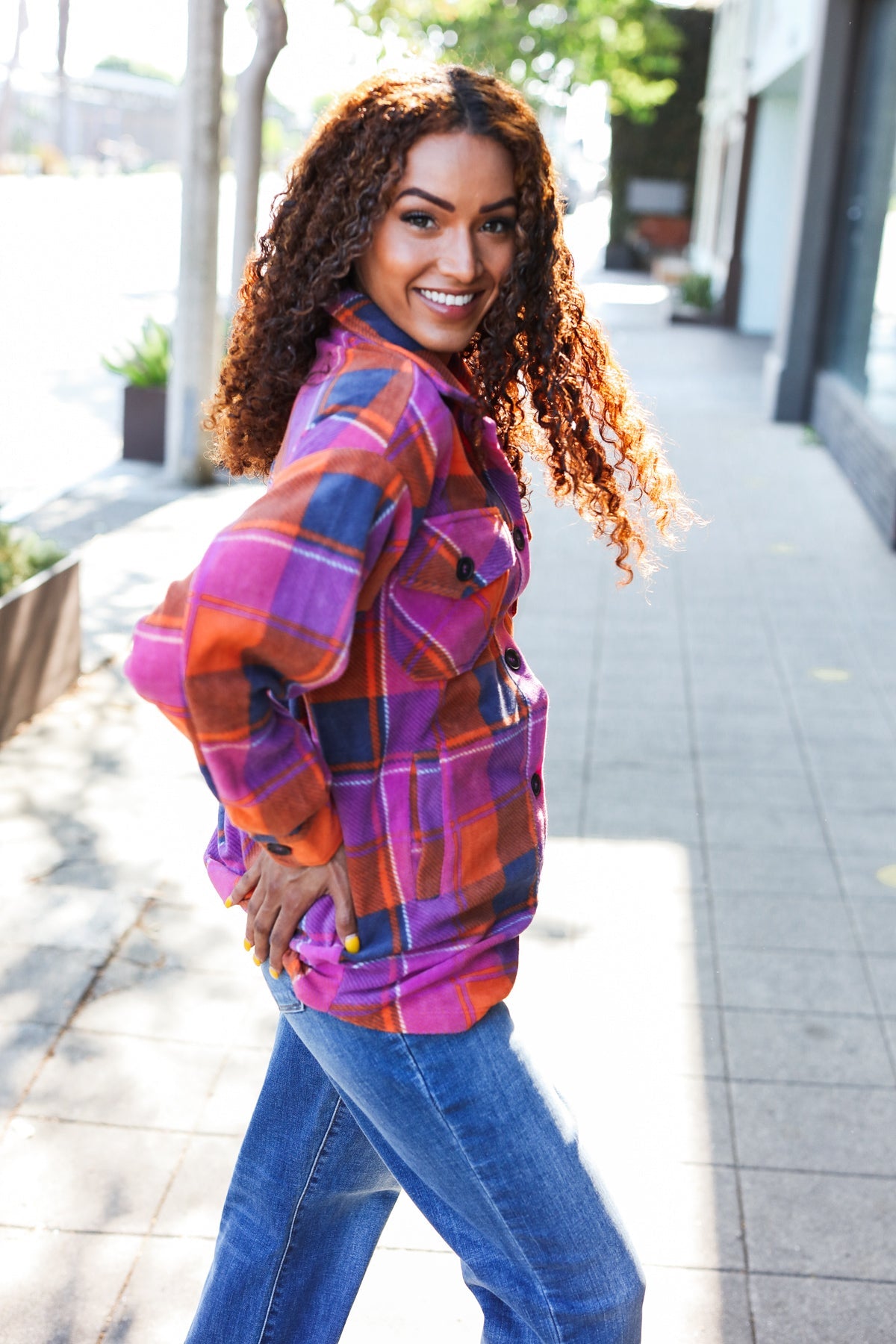 Stand Out Magenta & Orange Plaid Fleece Collared Shacket