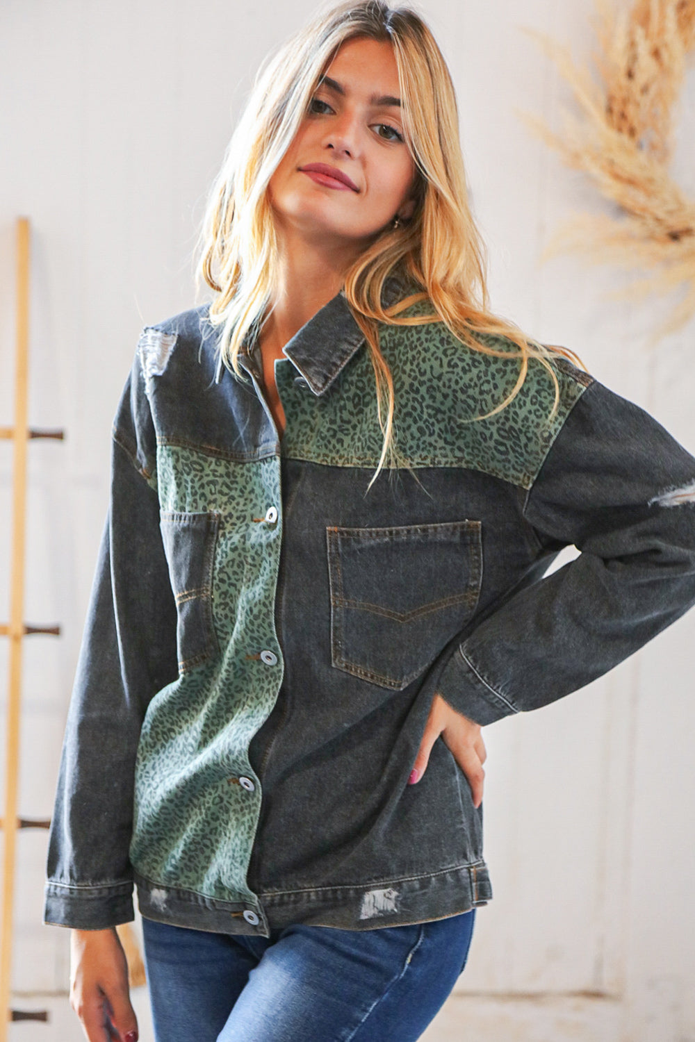 Green Leopard Distressed Washed Denim Jacket