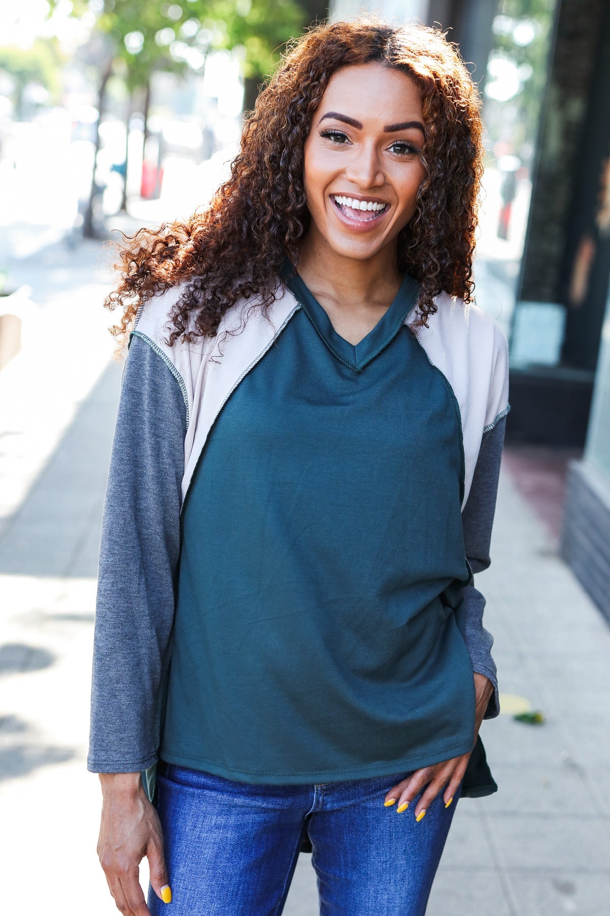 Stand Out Hunter Green V Neck Raglan Color Block Outseam Top