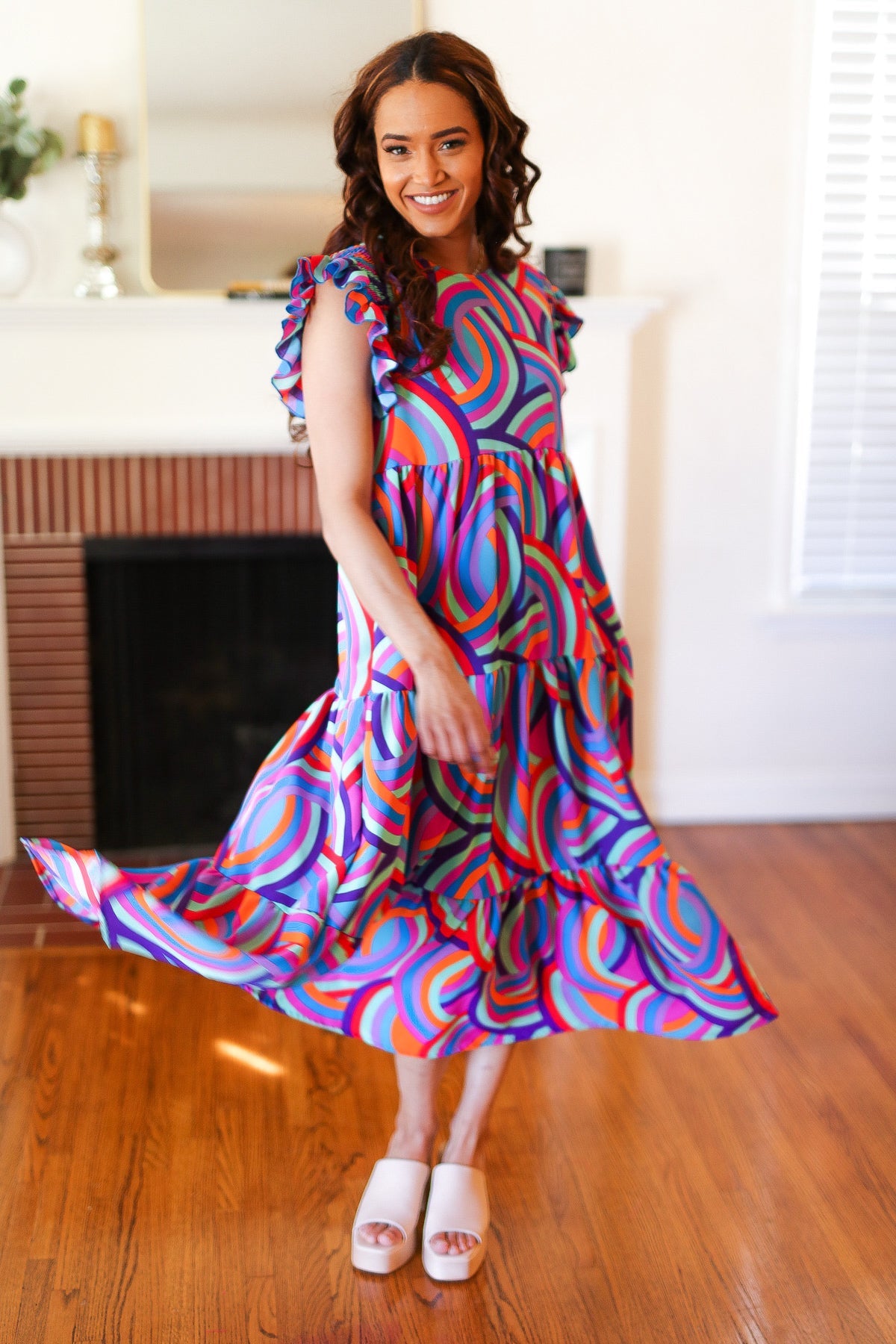 Feel Your Best Purple Abstract Print Smocked Ruffle Sleeve Maxi Dress