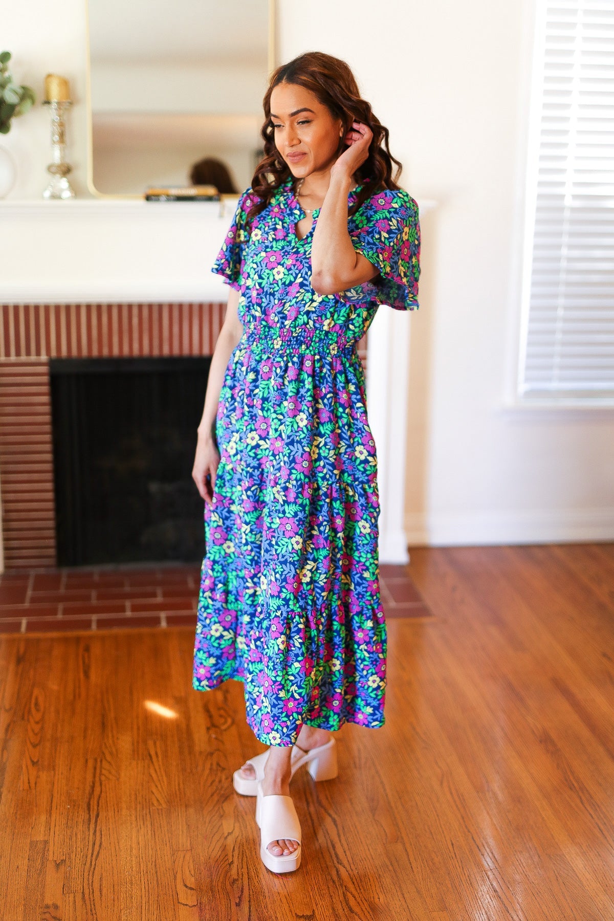 Eyes On You Navy Neon Floral Smocked Waist Maxi Dress