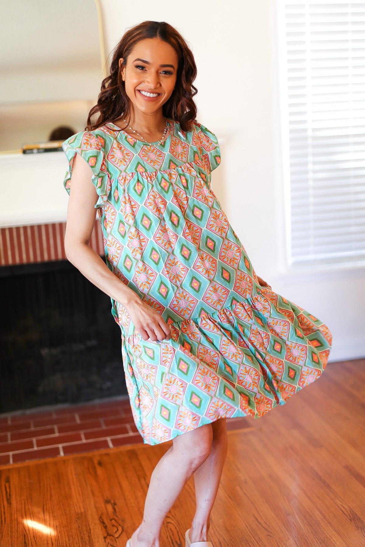 Mint Geo Boho Print Yoke Poplin Woven Dress