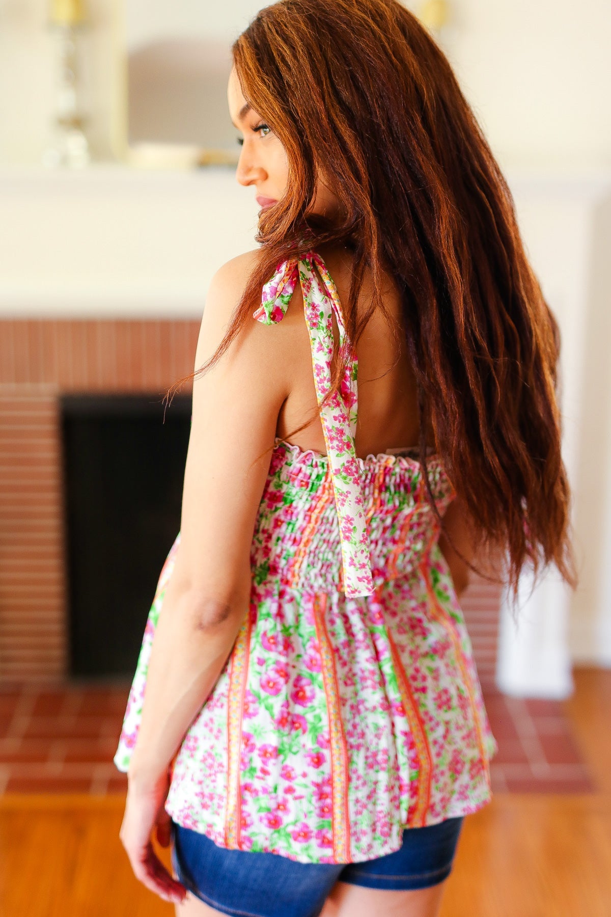 Summer Days Ivory & Fuchsia Floral Smocked Shoulder Tie Top