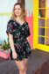 Black & Floral Surplice Short Sleeve Pocketed Romper