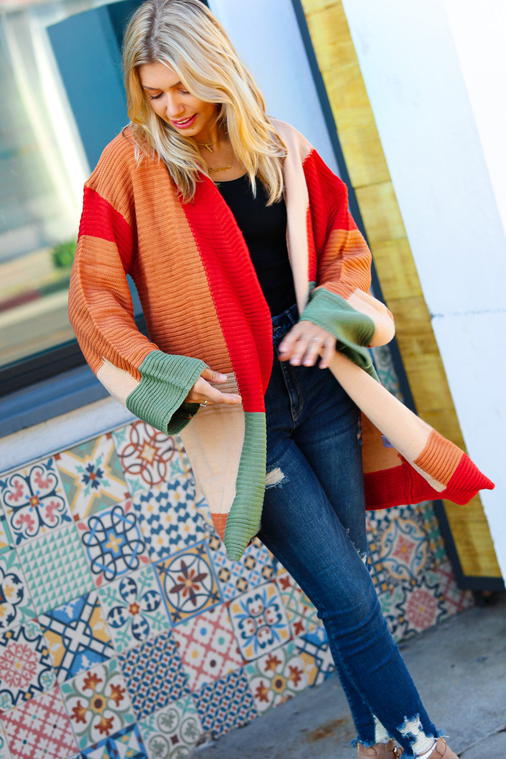 Rust & Taupe Color Block Open Knit Cardigan