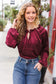 Holiday Vibes Burgundy Frill Detail Tie Neck Satin Top