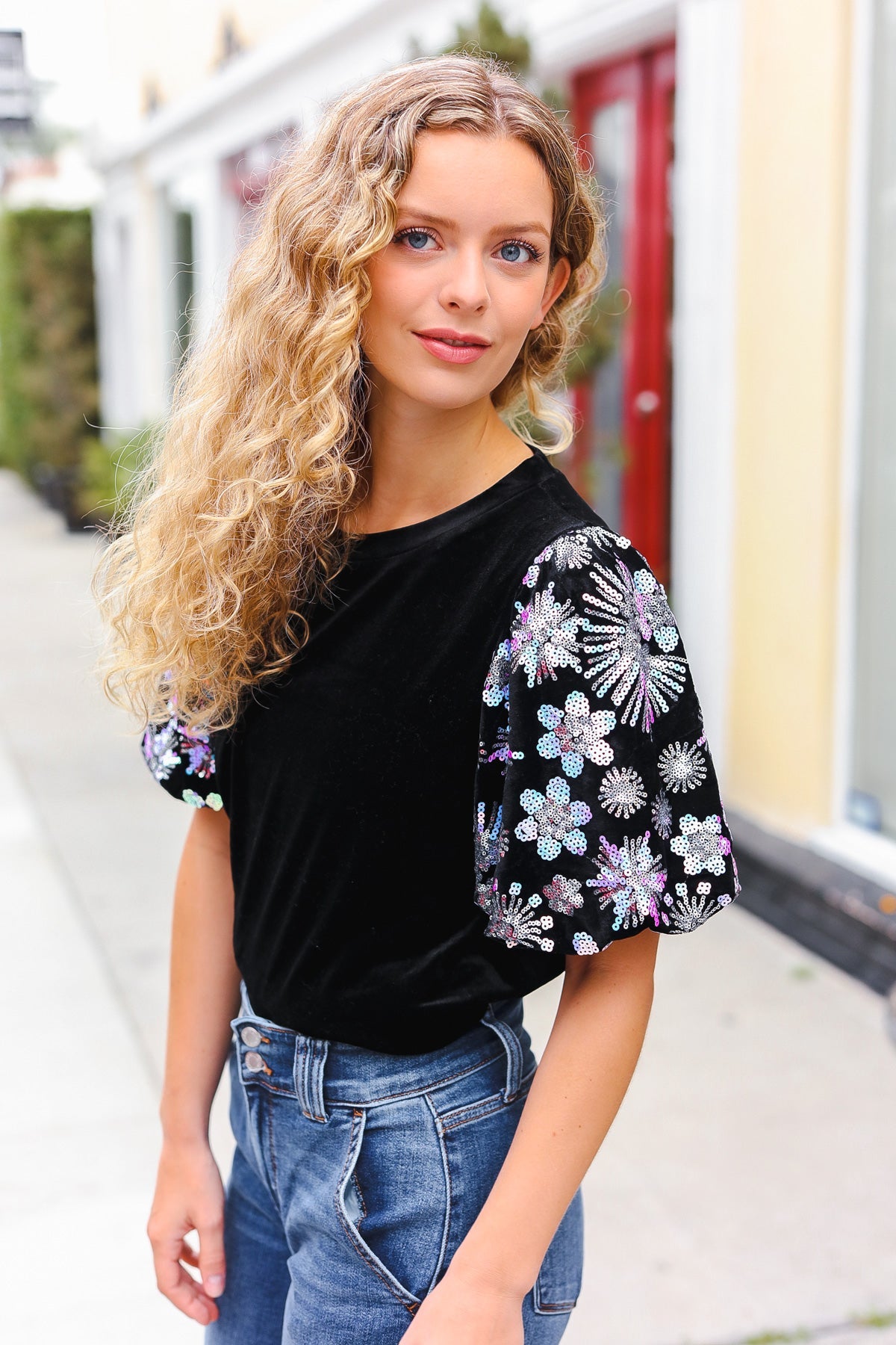 Feeling Glamorous Black Floral Sequin Puff Sleeve Velvet Top