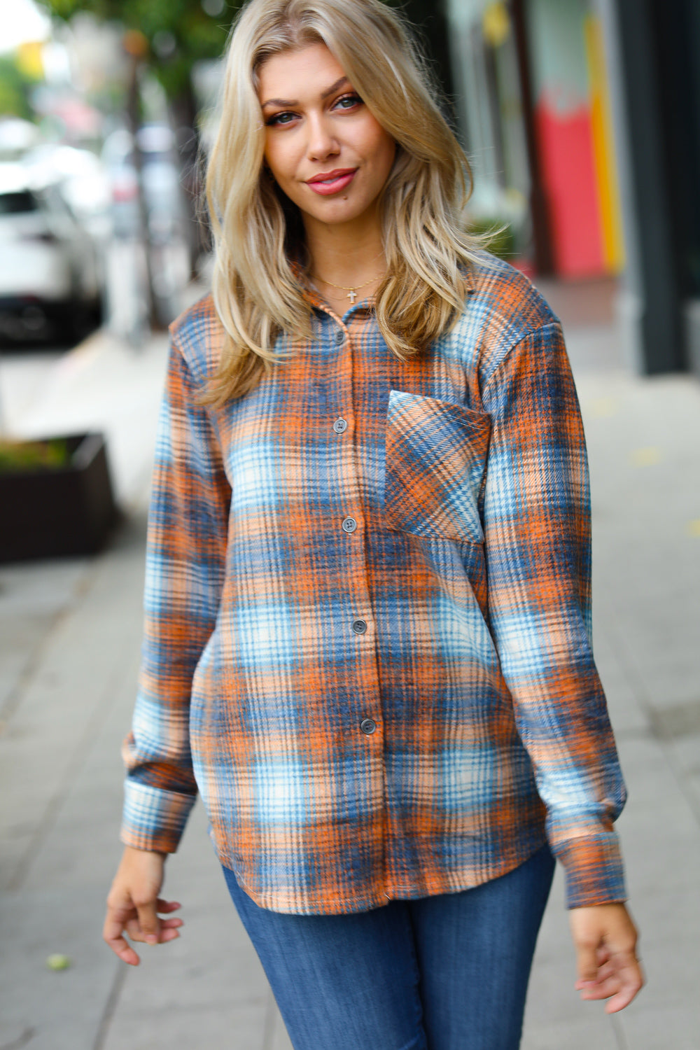 Blue & Orange Jacquard Plaid Button Up