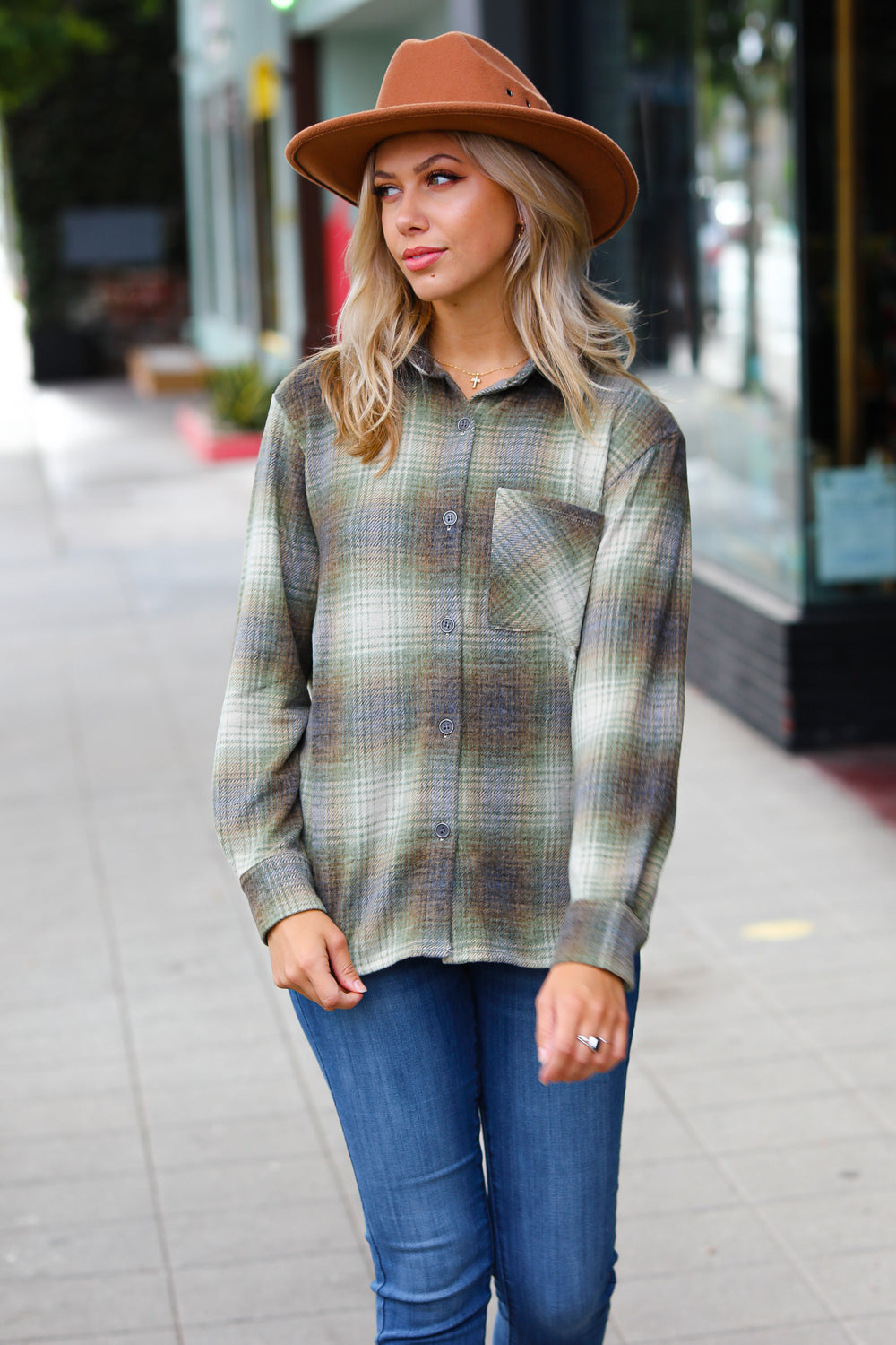 Green Jacquard Plaid Button Up