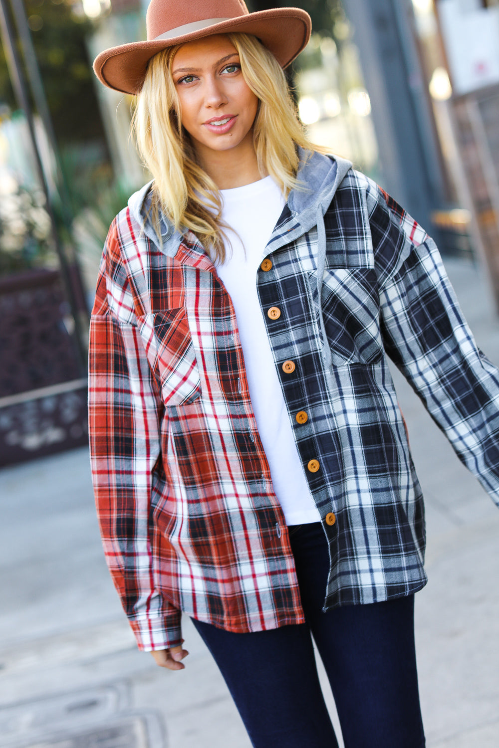 Rust & Charcoal Plaid Colorblock Hoodie Shacket