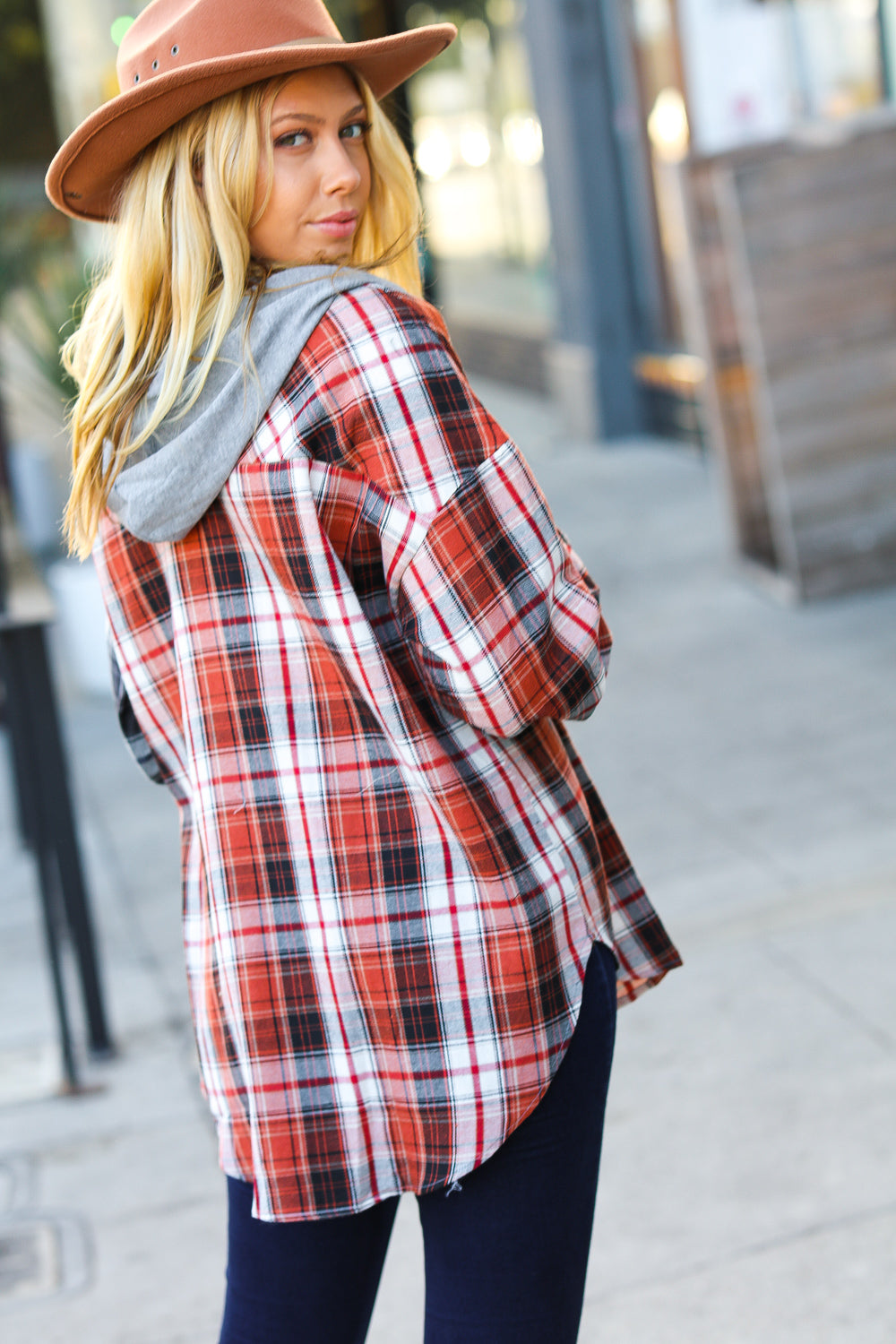 Rust & Charcoal Plaid Colorblock Hoodie Shacket