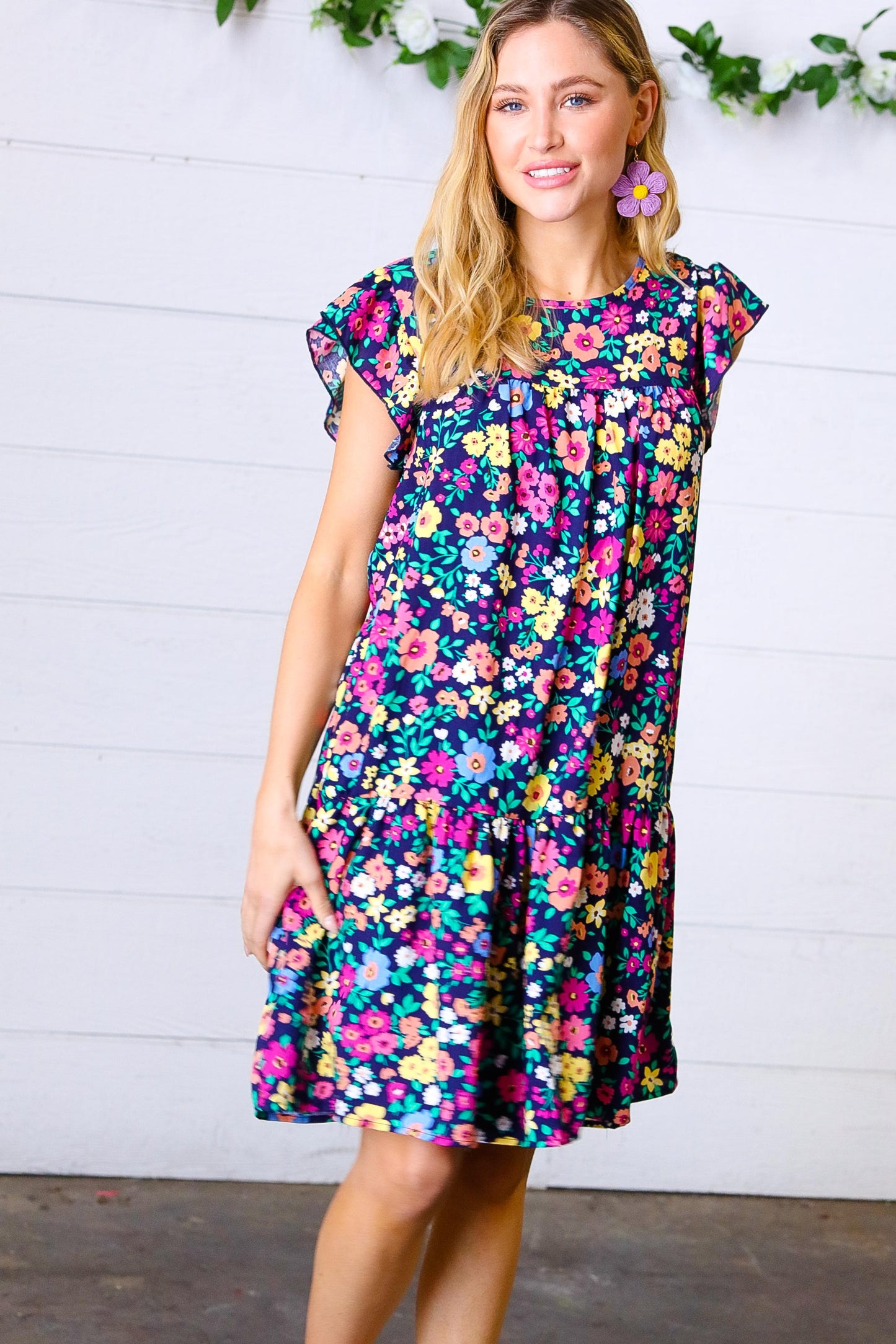 Navy Flat Floral Woven Poplin Ruffle Frill Sleeve Dress