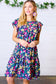 Navy Flat Floral Woven Poplin Ruffle Frill Sleeve Dress