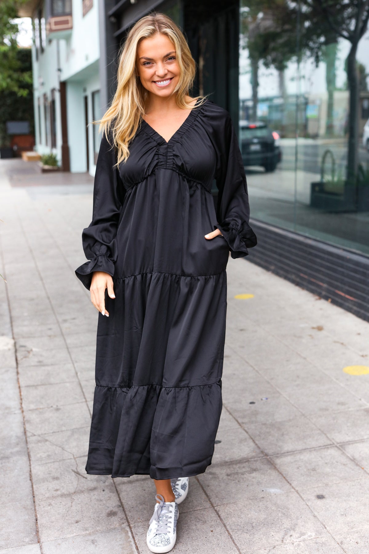 Elegant Black Elastic V Neck Tiered Satin Maxi Dress