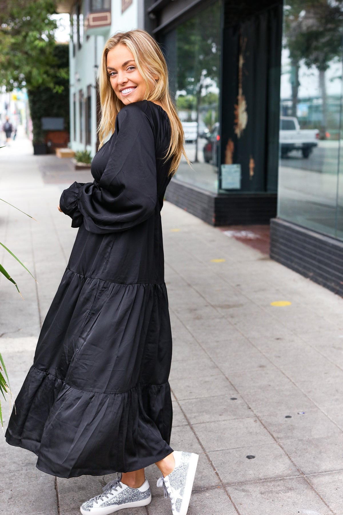 Elegant Black Elastic V Neck Tiered Satin Maxi Dress