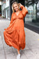 Elegant Rust Elastic V Neck Tiered Satin Maxi Dress