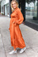 Elegant Rust Elastic V Neck Tiered Satin Maxi Dress