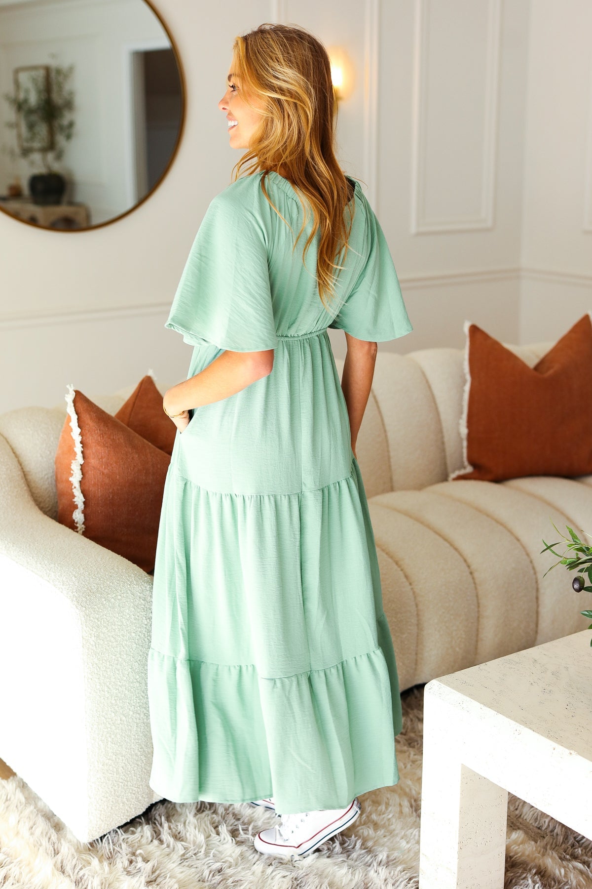 Take You Away Mint Elastic V Neck Tiered Maxi Dress