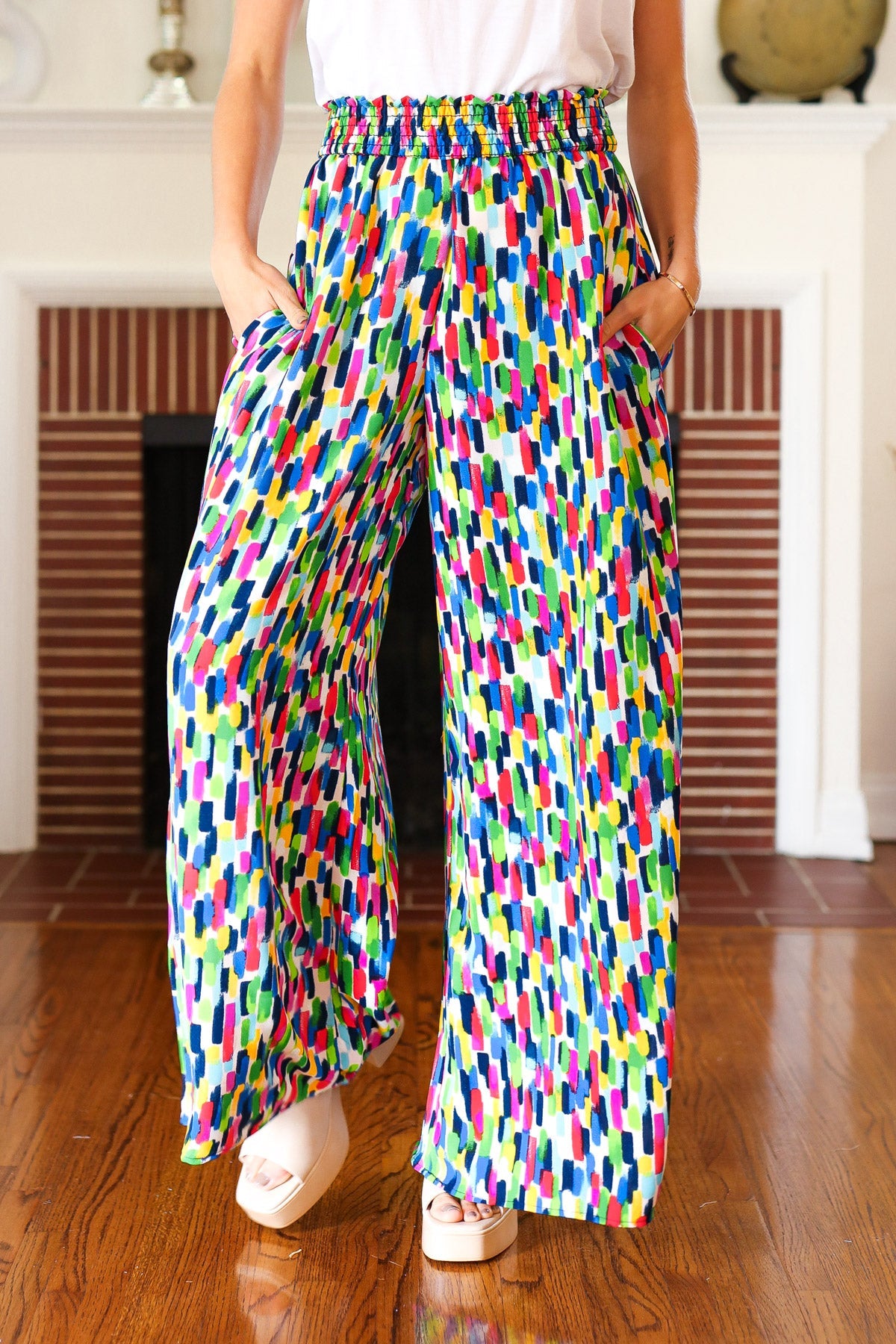 Stand Out Navy & Green Abstract Print Smocked Waist Palazzo Pants