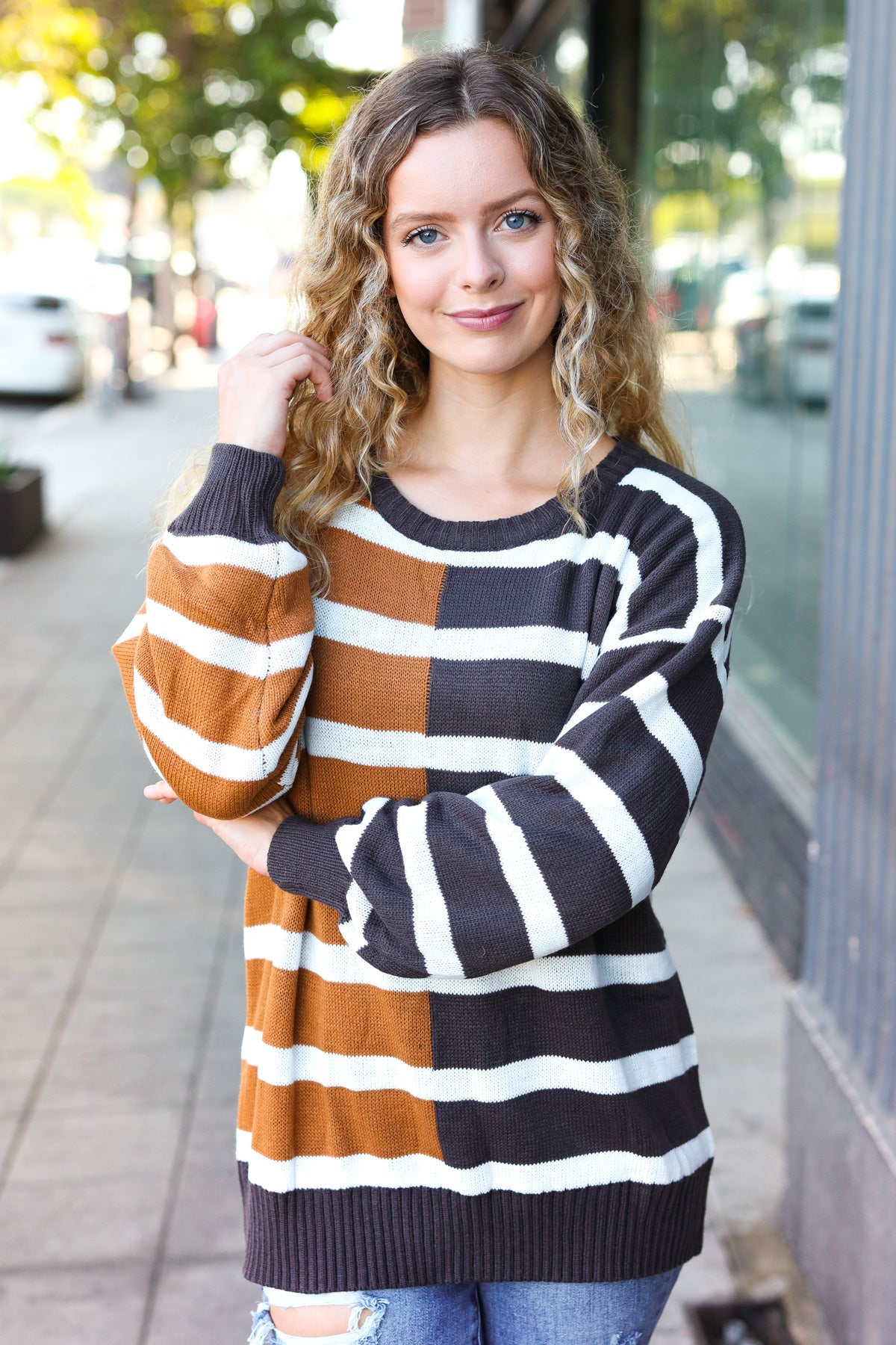 Camel & Charcoal Striped Color Block Sweater