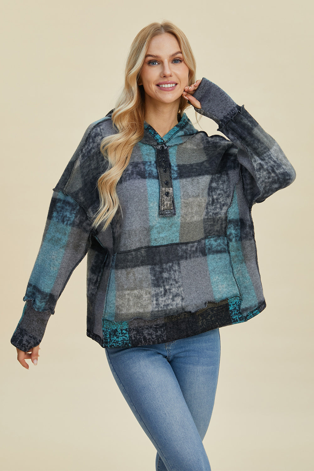 Oh Happy Day Plaid Dropped Shoulder Hoodie