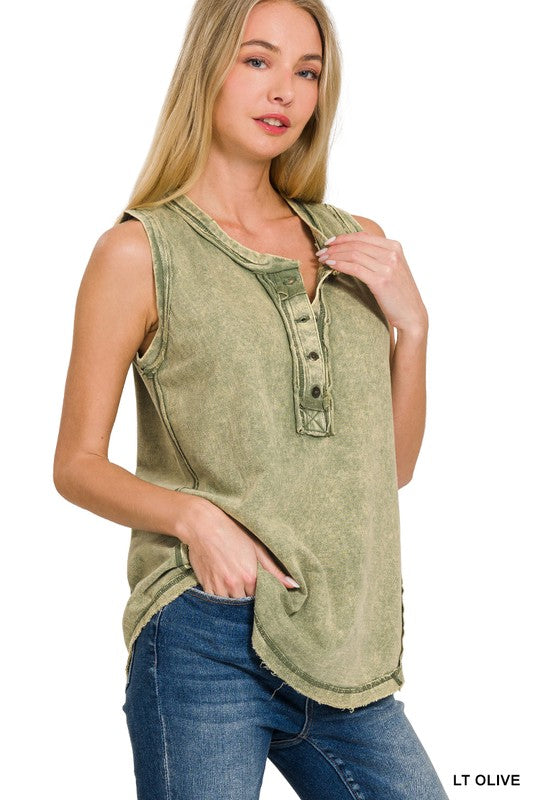 Washed Half-Button Raw Edge Sleeveless Henley Top