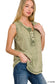 Washed Half-Button Raw Edge Sleeveless Henley Top