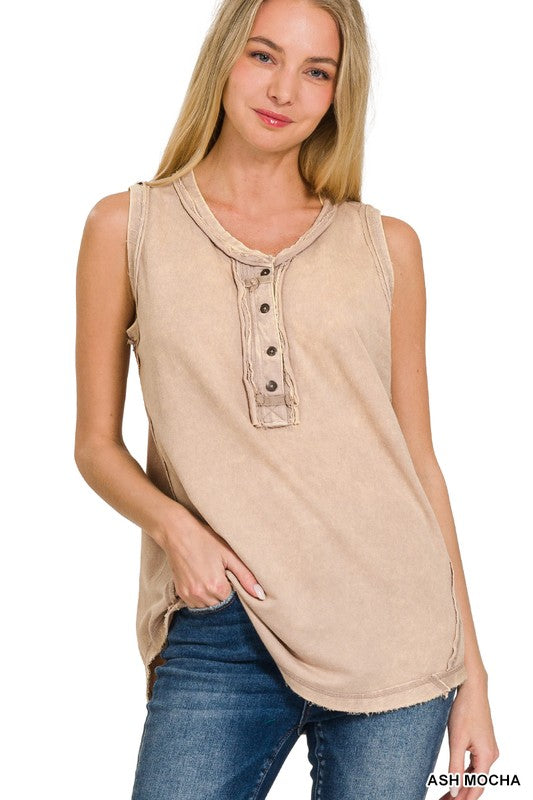 Washed Half-Button Raw Edge Sleeveless Henley Top