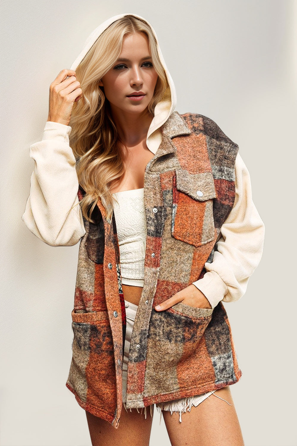 Wind Down Contrast Long Sleeve Hooded Plaid Jacket