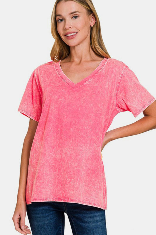 Zenana Full Size Washed Short Sleeve V-Neck T-Shirt