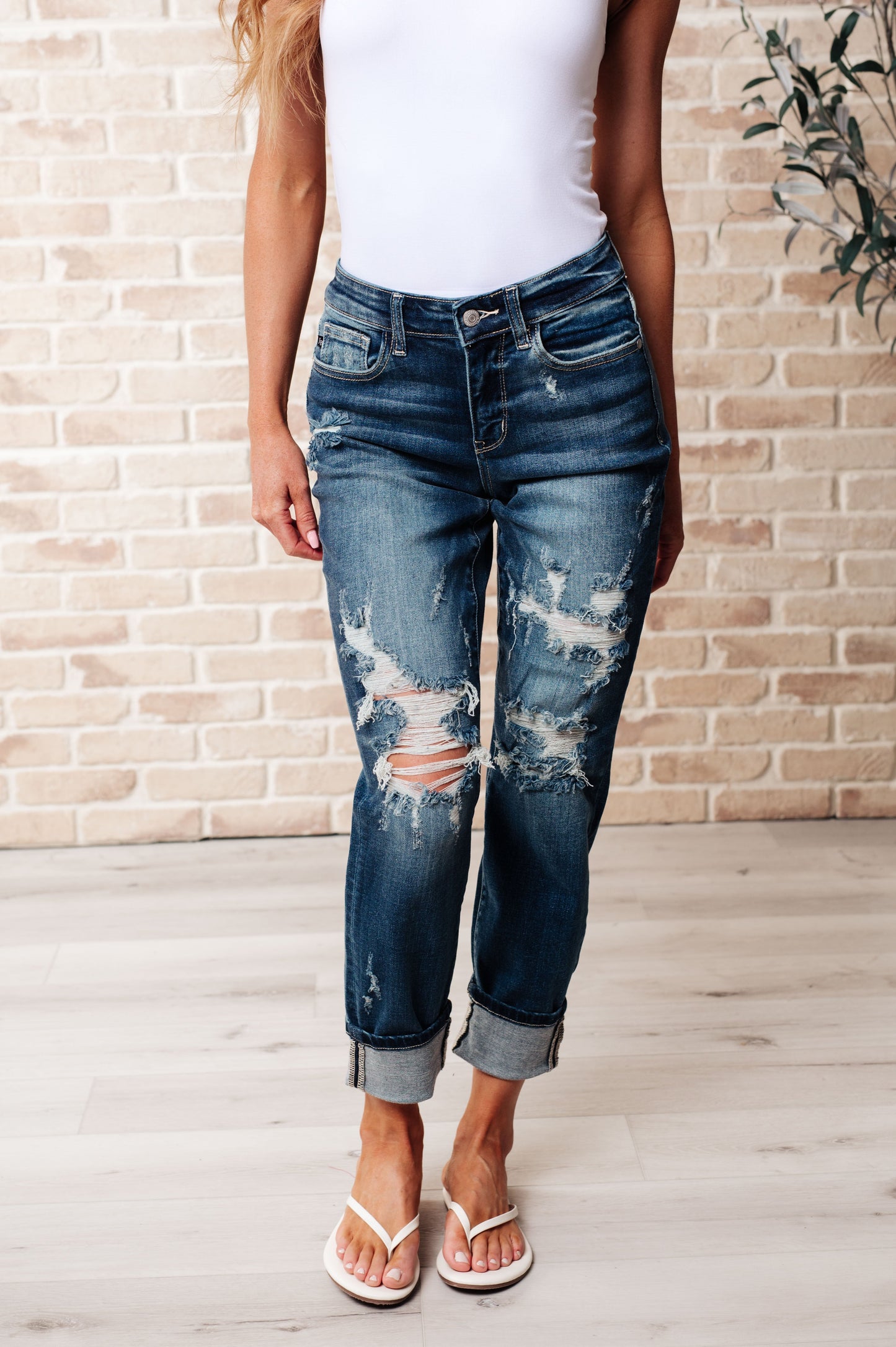 Danny Mid Rise Distressed Boyfriend Jeans – Judy Blue | Dark Wash, Cuffed