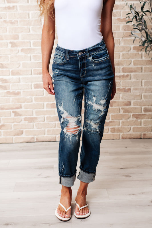 Danny Mid Rise Distressed Boyfriend Jeans – Judy Blue | Dark Wash, Cuffed