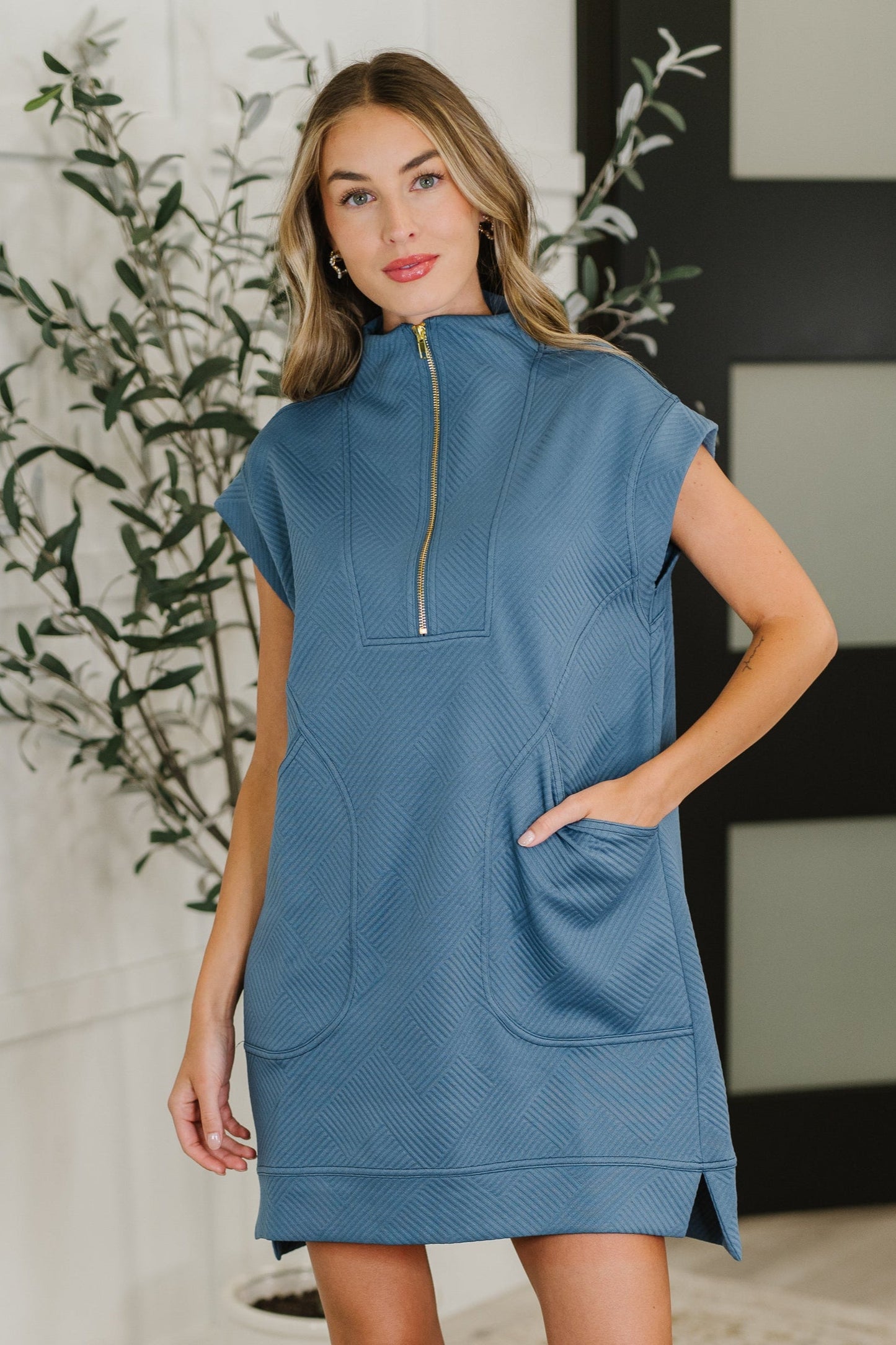 Easy Hustle High Neck Dress in Dusty Blue