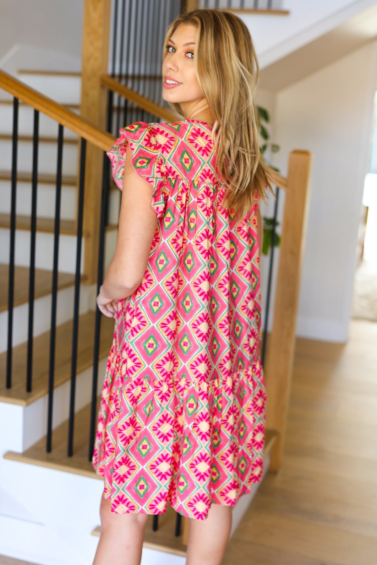 Easy Living Coral Geo Boho Print Yoke Poplin Woven Dress