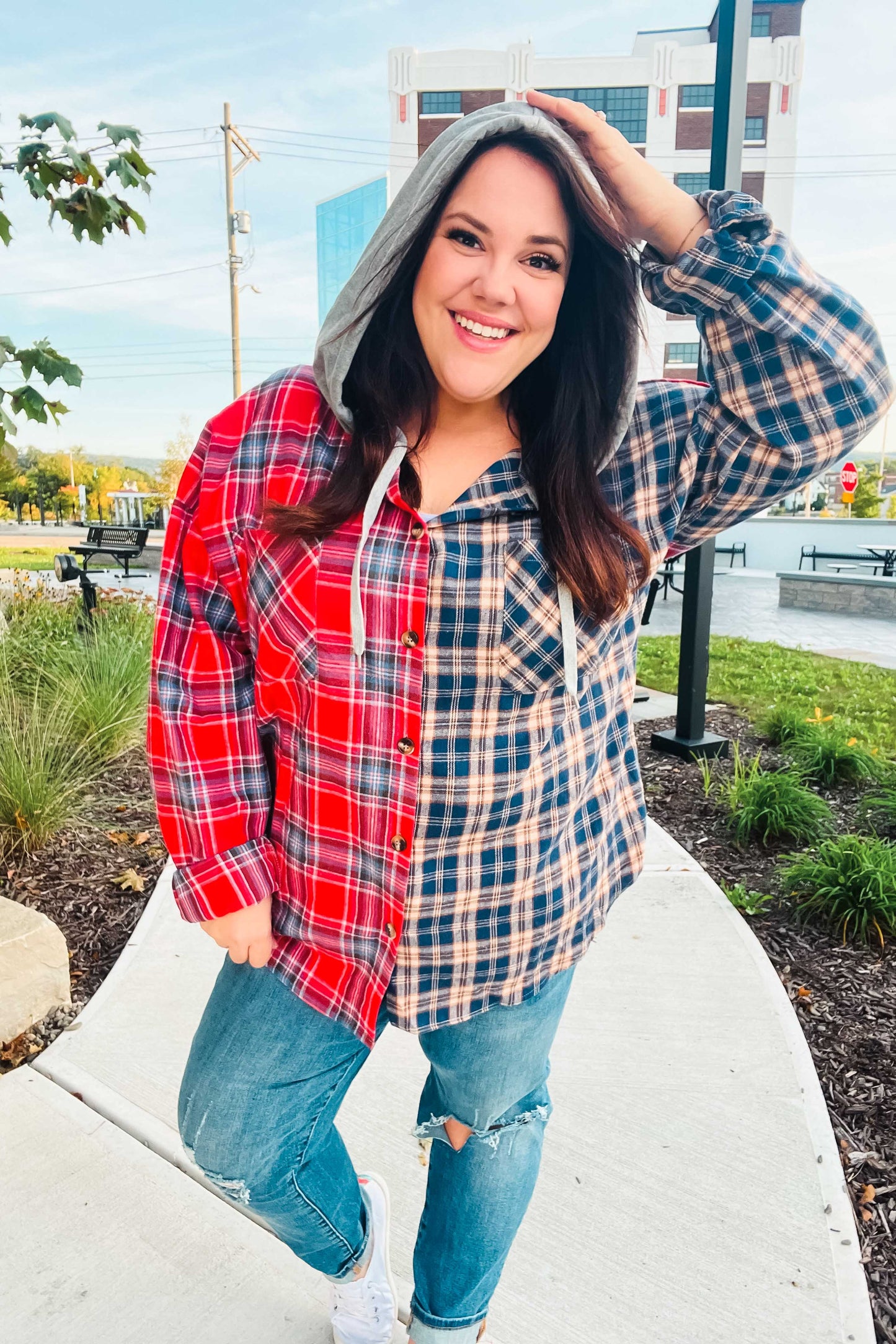 Main Attraction Red & Navy Plaid Color Block Button Down Hoodie