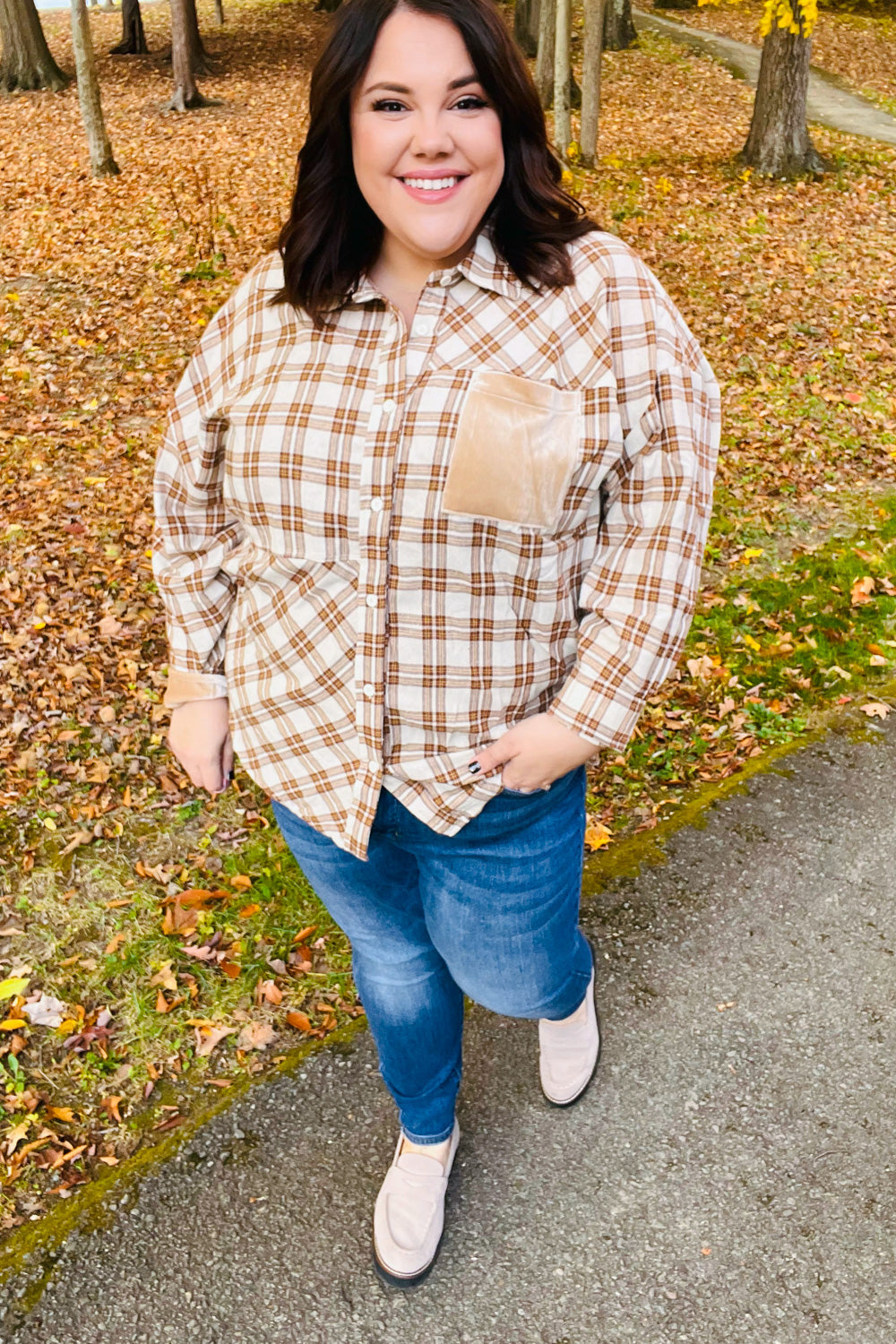 Taupe Plaid Velvet Pocket Button Down Top