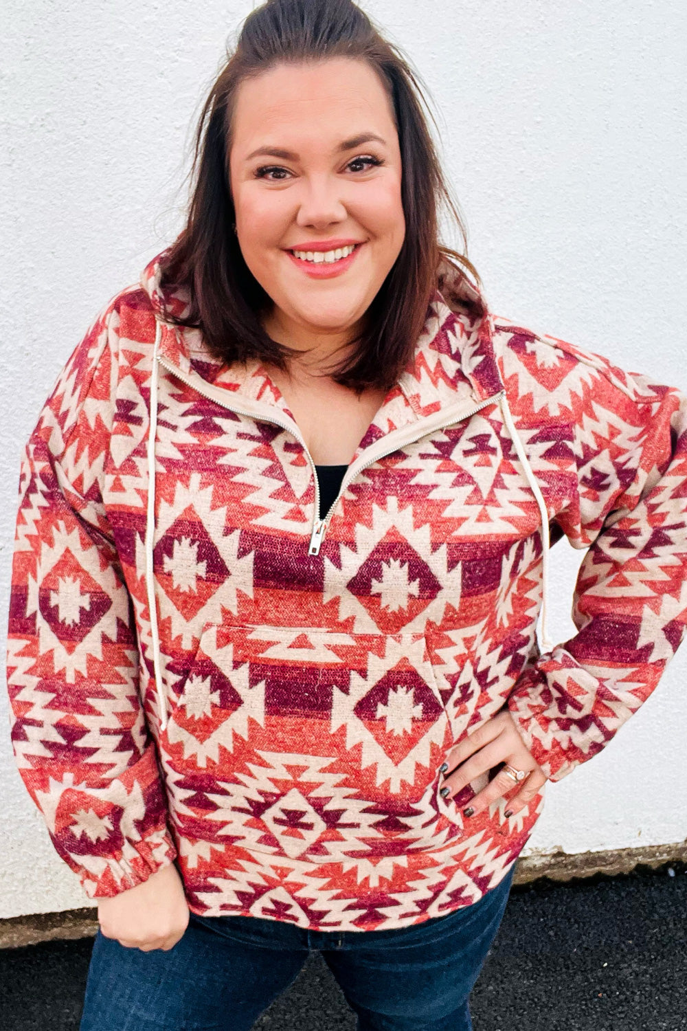 Fall For You Rust & Burgundy Aztec Half Zip High Neck Hoodie