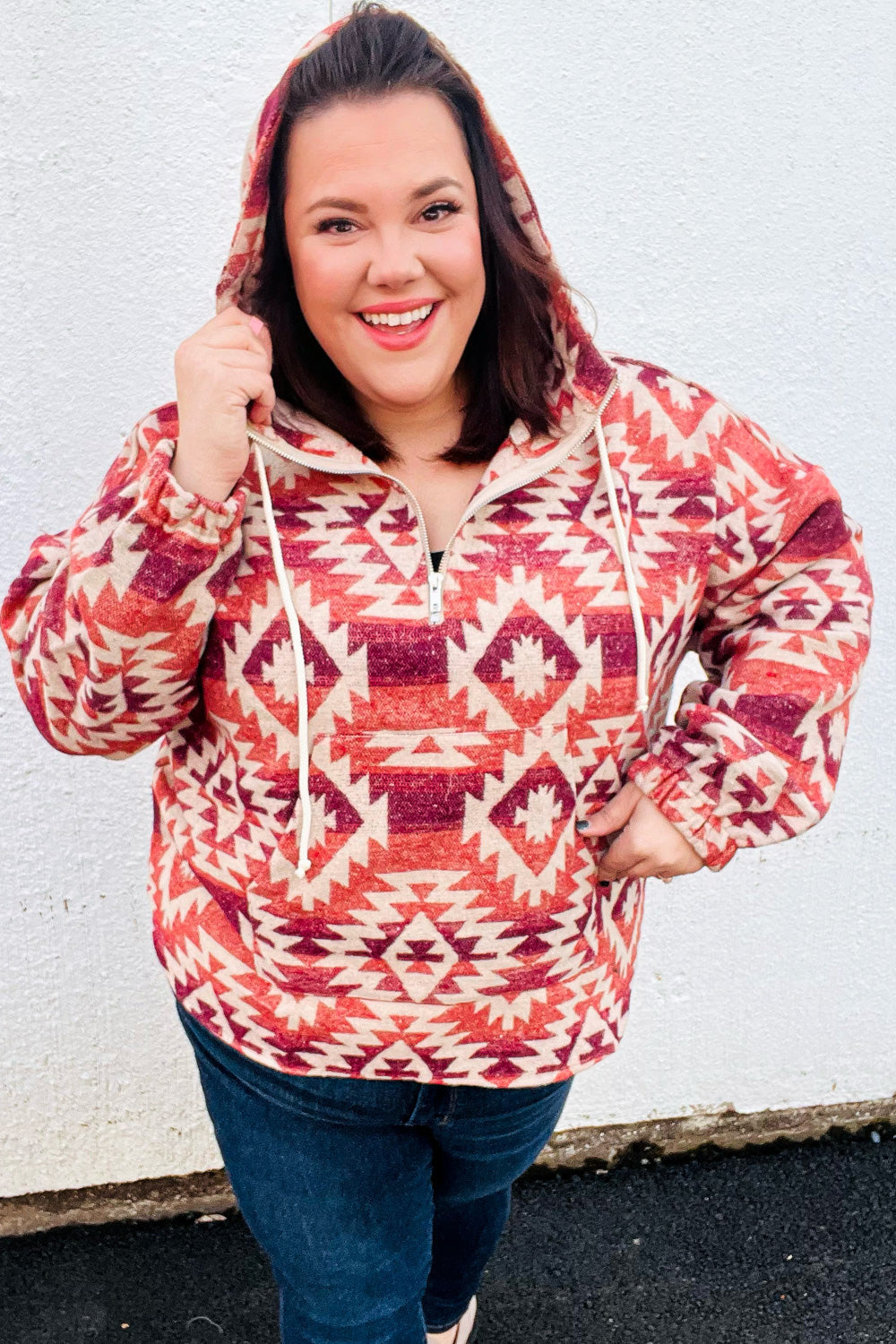 Fall For You Rust & Burgundy Aztec Half Zip High Neck Hoodie