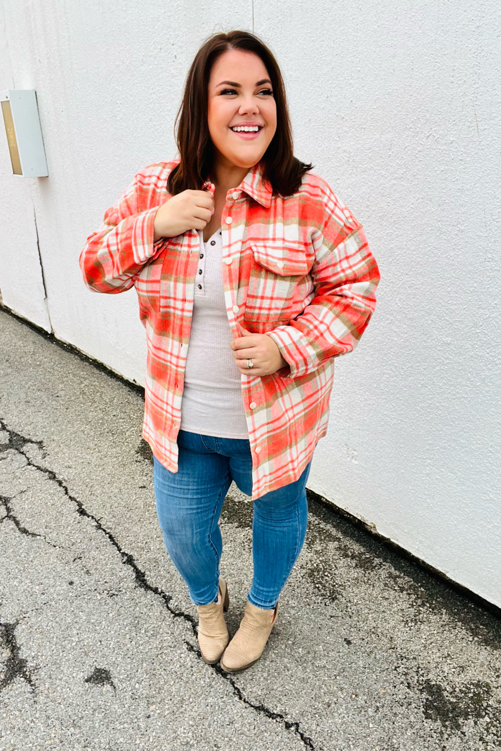 Orange Plaid Flannel Button Down Shacket