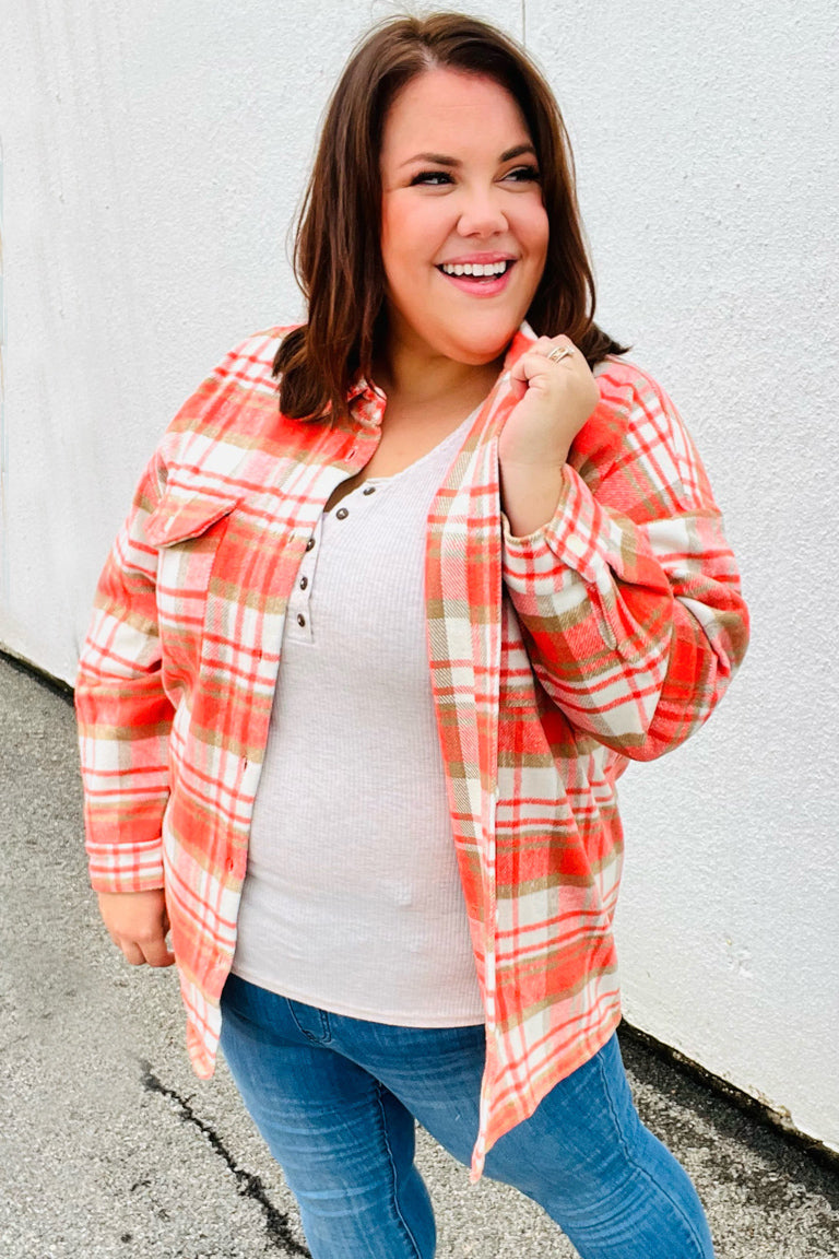 Orange Plaid Flannel Button Down Shacket