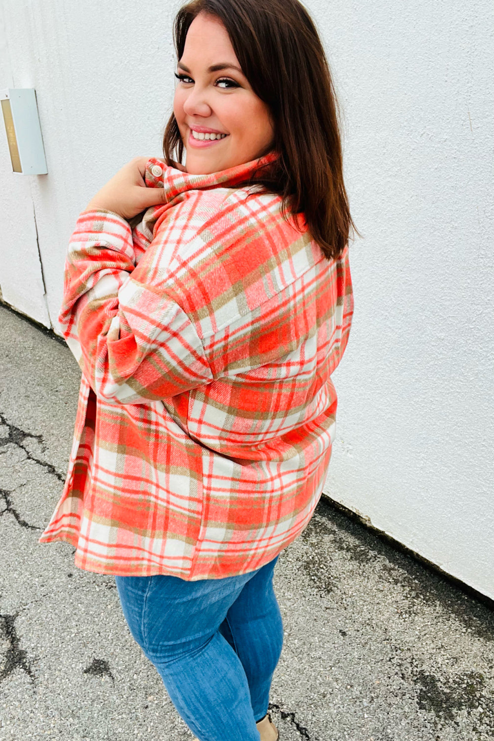 Orange Plaid Flannel Button Down Shacket