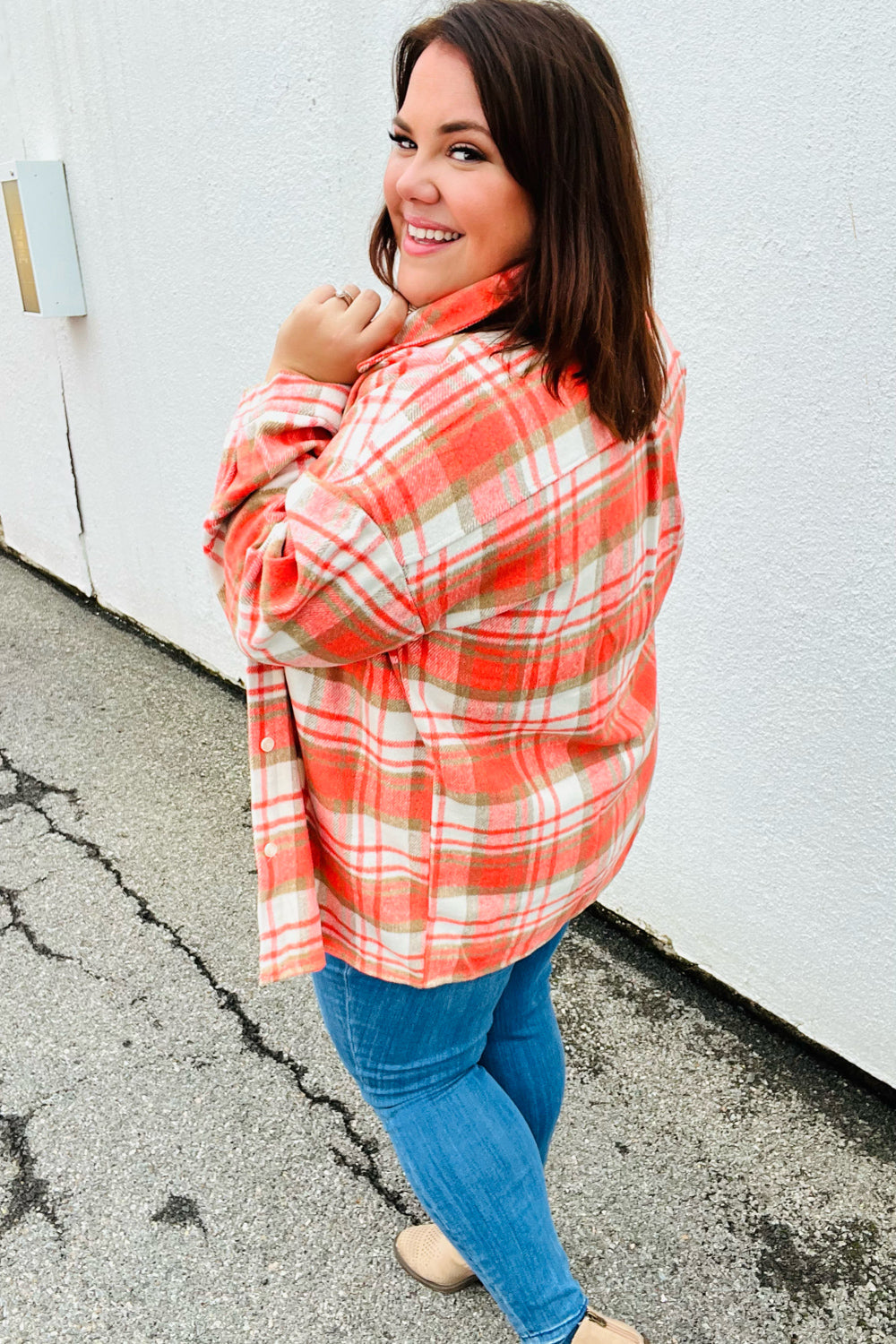 Orange Plaid Flannel Button Down Shacket