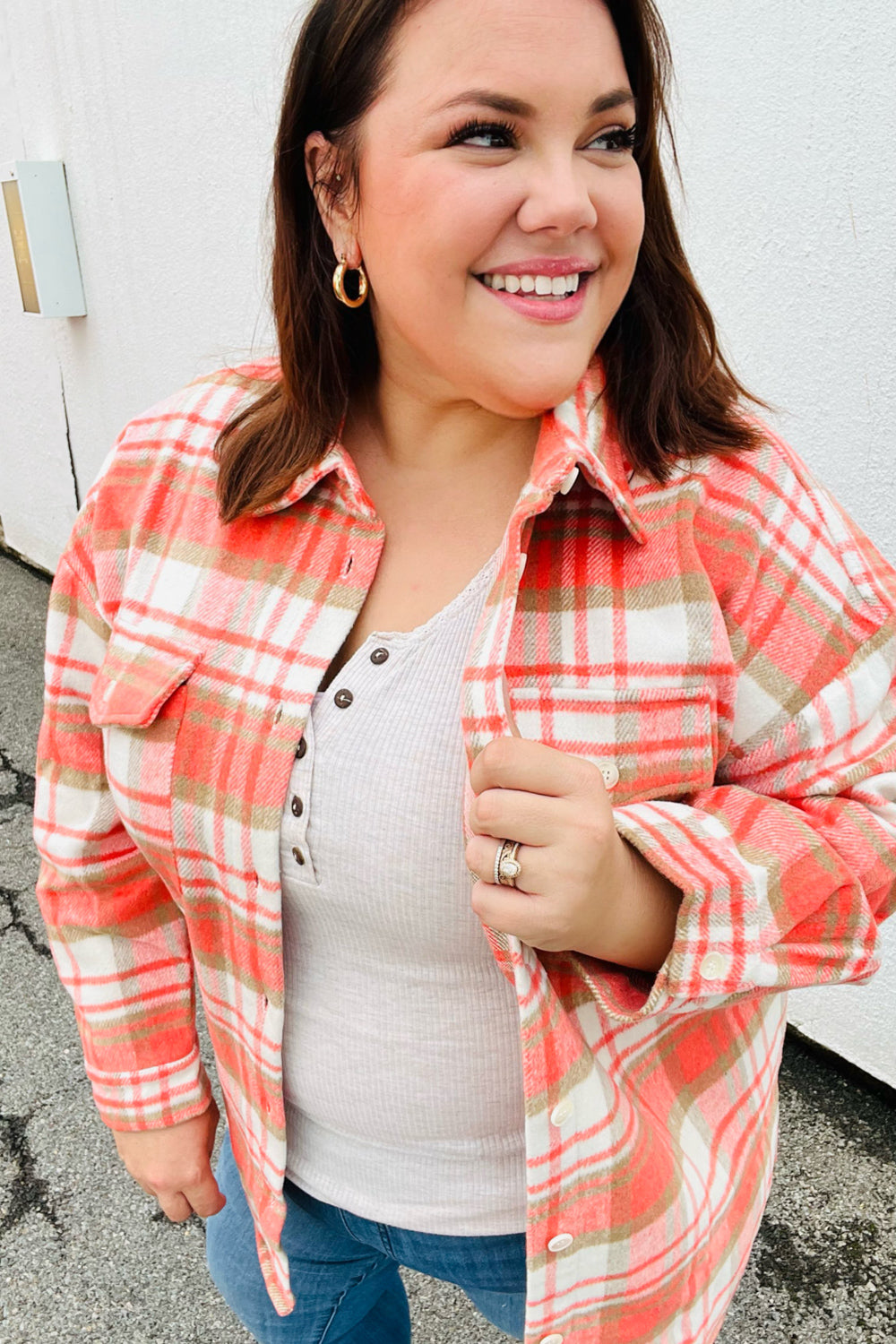 Orange Plaid Flannel Button Down Shacket