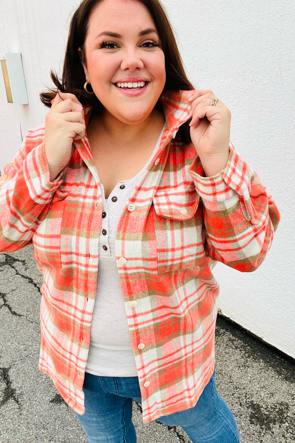 Orange Plaid Flannel Button Down Shacket