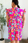 Look of Love Fuchsia Abstract Floral Print Smocked Ruffle Sleeve Dress