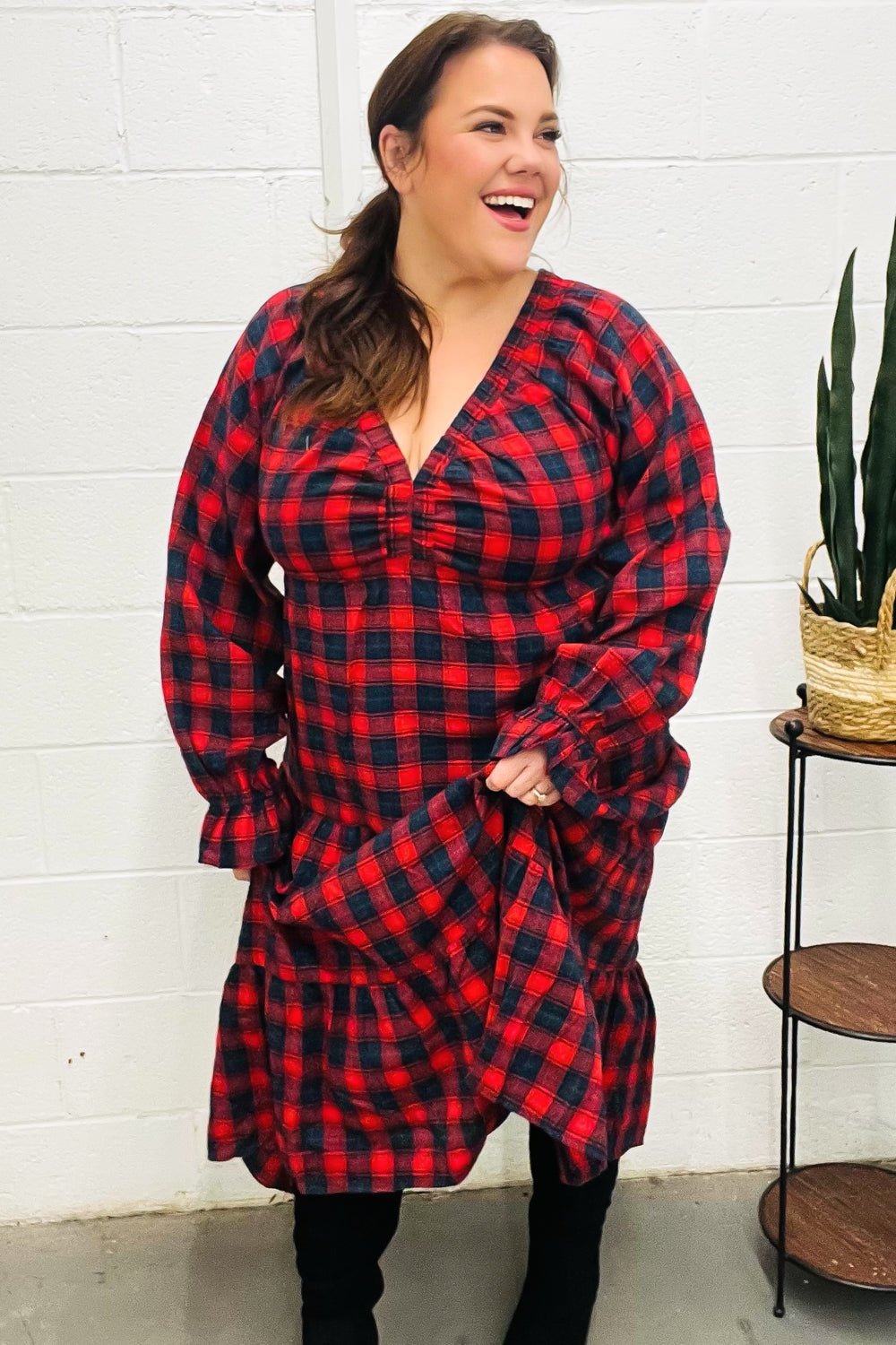 All I Want Red Plaid Elastic V Neck Tiered Maxi Dress