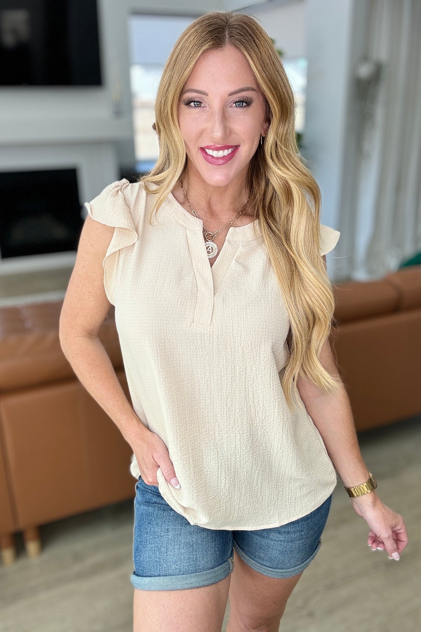 Crinkle Split Neckline Flutter Sleeve Top in Taupe