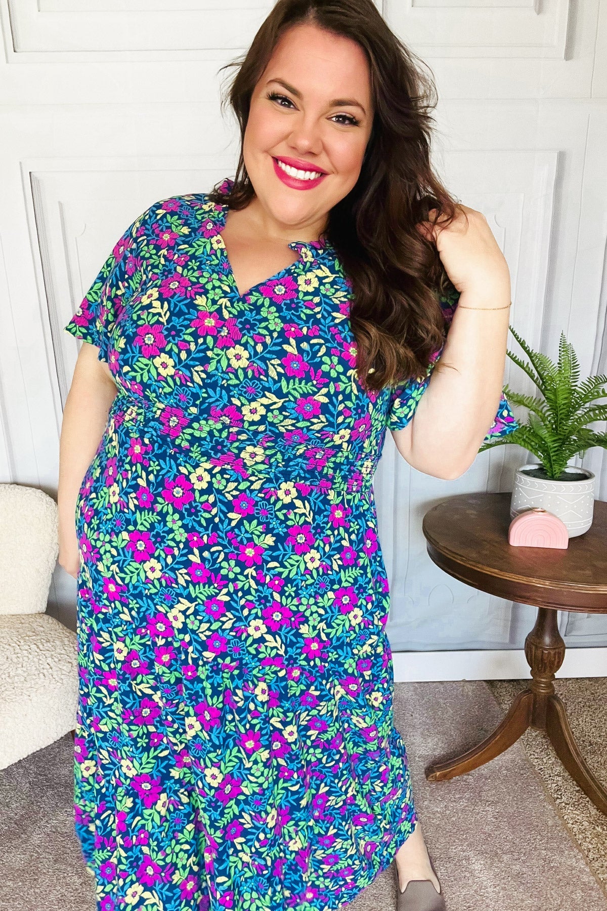 Eyes On You Navy Neon Floral Smocked Waist Maxi Dress