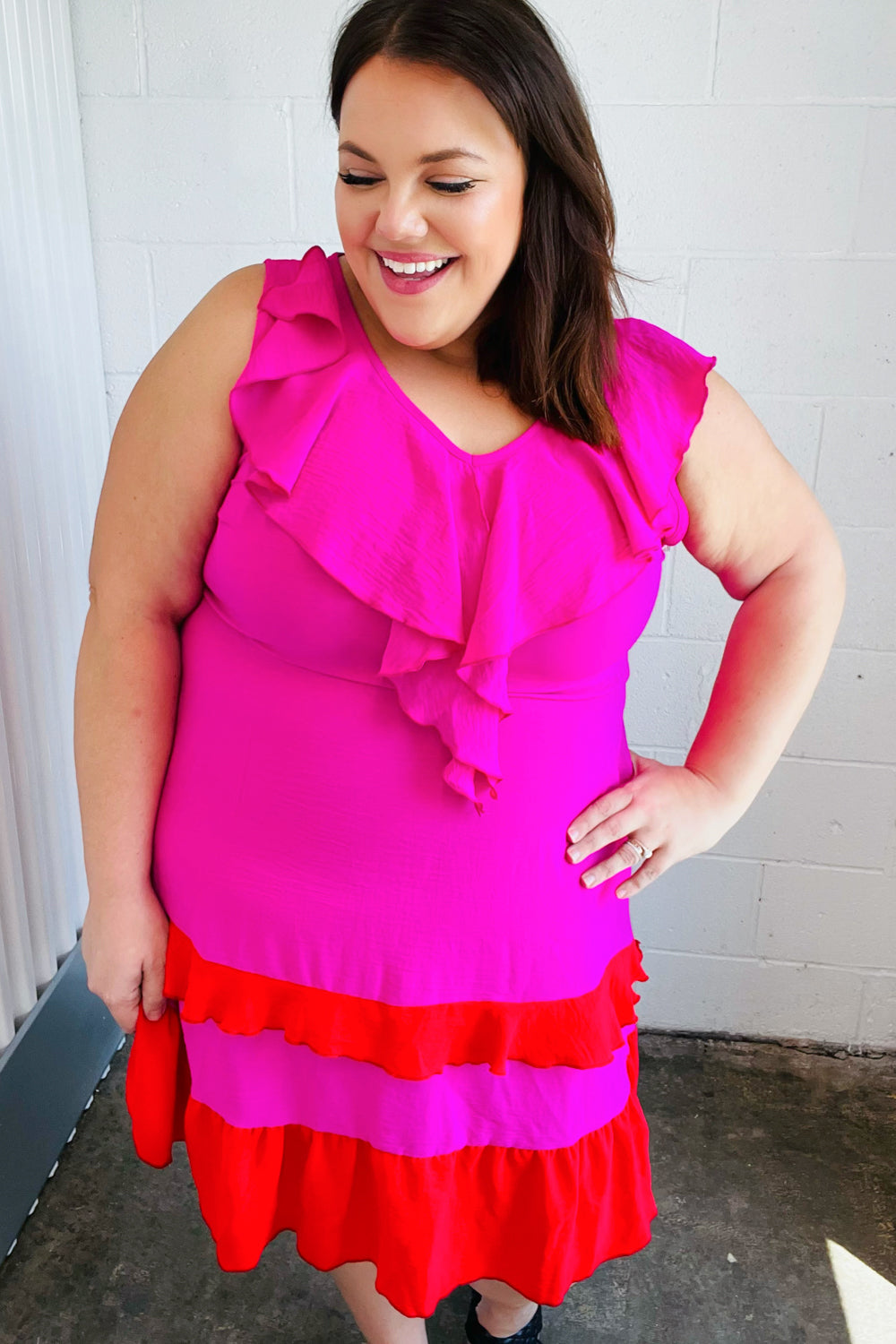 Fuchsia Ruffle V Neck Crepe Tiered Midi Dress