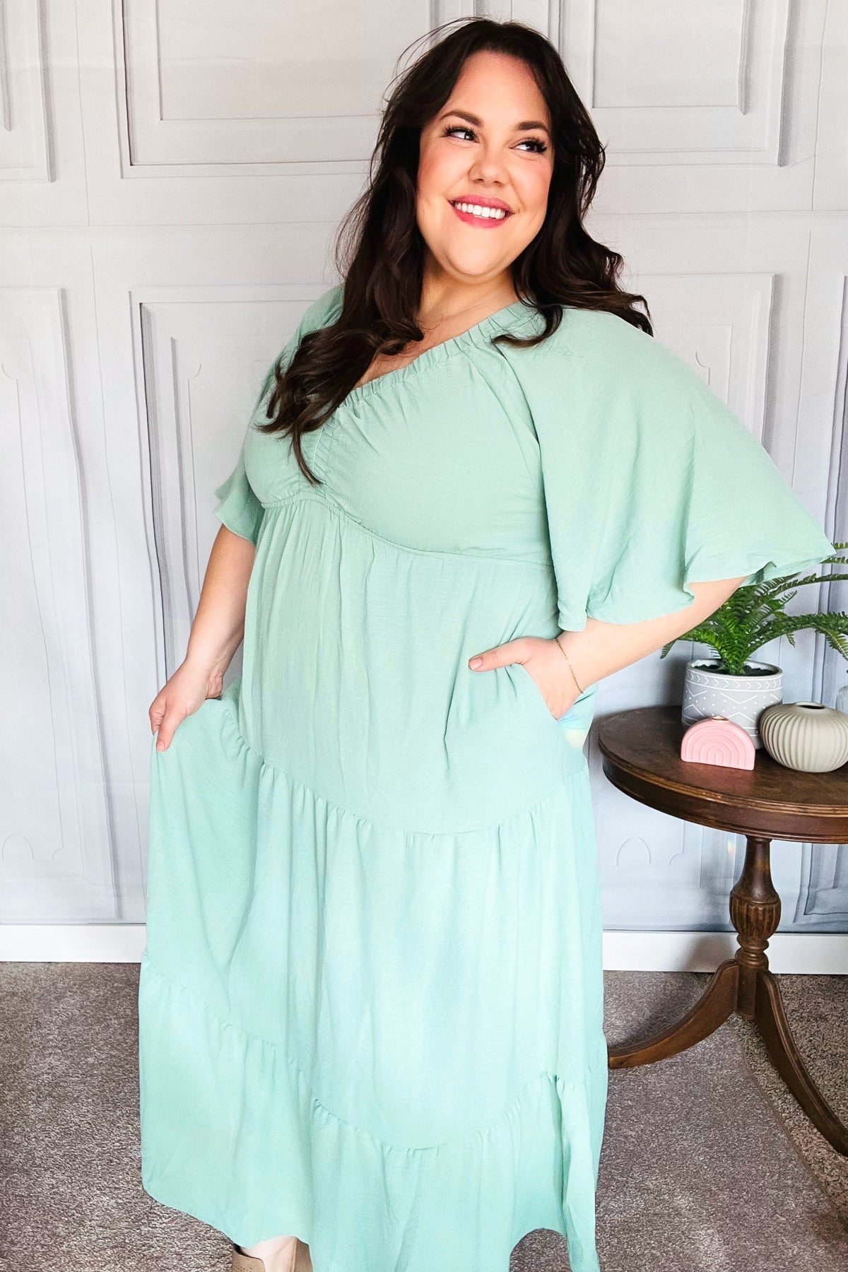 Take You Away Mint Elastic V Neck Tiered Maxi Dress